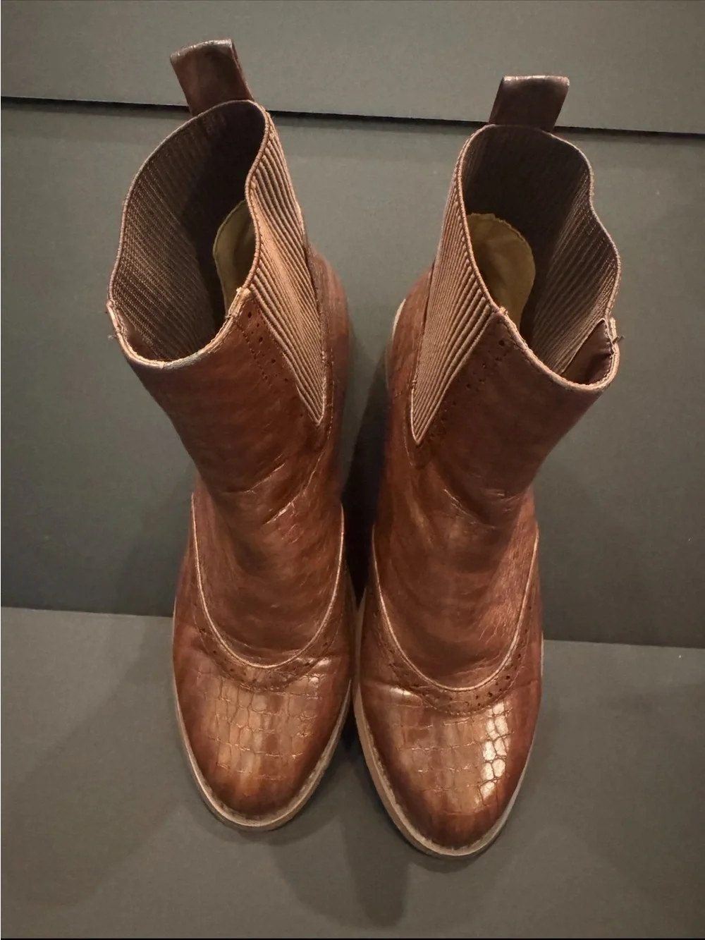 Yoki Brown Croc-Embossed Chelsea Booties